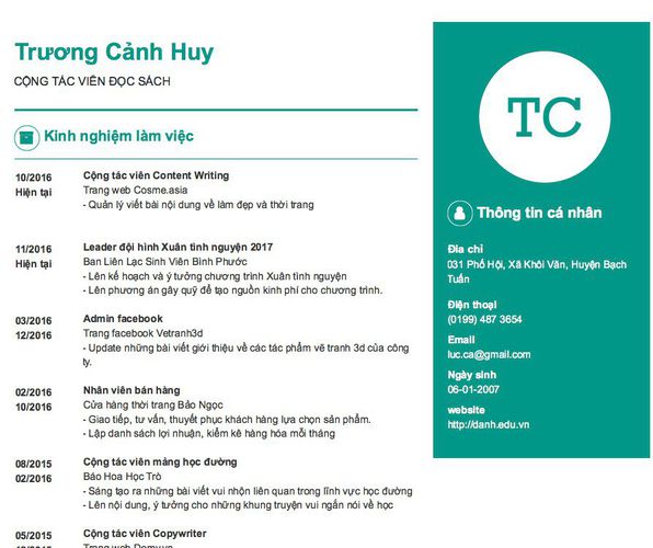 Gợi ý cách viết Mẫu CV tham khảo CỘNG TÁC VIÊN ĐỌC SÁCH