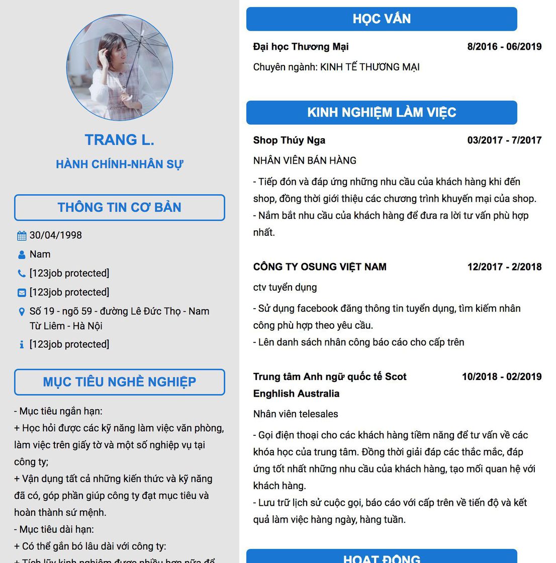 Gợi ý cách viết Mẫu CV tham khảo HÀNH CHÍNH-NHÂN SỰ 