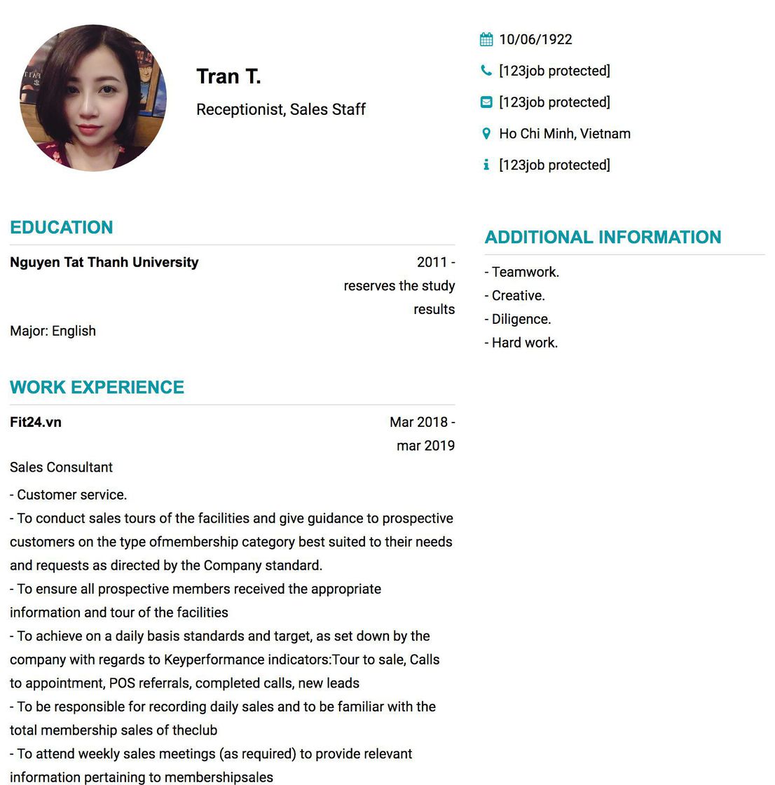 Gợi ý cách viết Mẫu CV tham khảo Receptionist, Sales Staff 