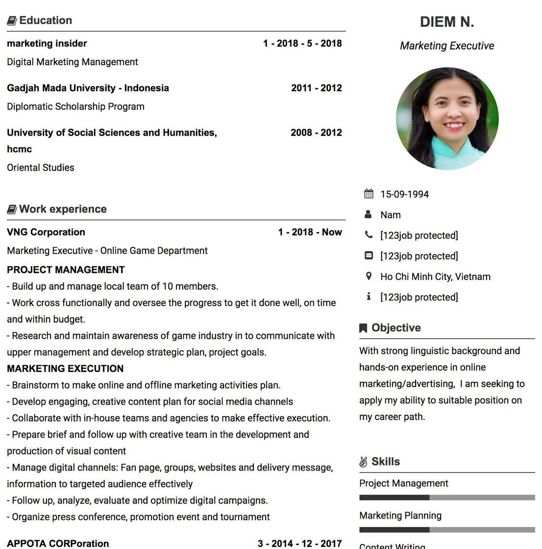 Gợi ý cách viết Mẫu CV tham khảo Marketing Executive 