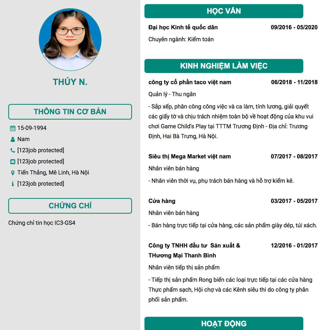 Gợi ý cách viết Mẫu CV tham khảo Quản lý - Thu ngân 