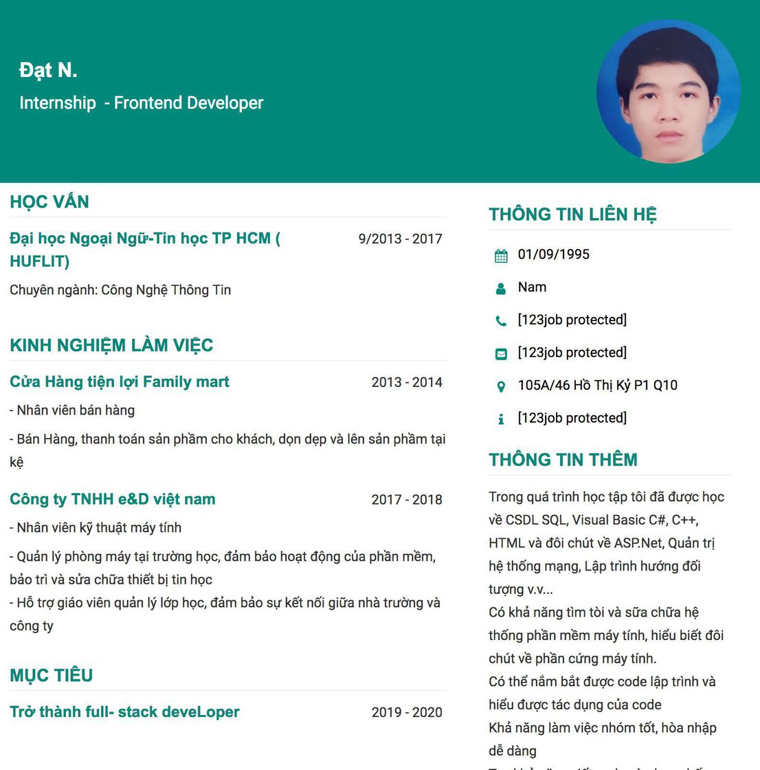 Gợi ý cách viết Mẫu CV tham khảo Internship&nbsp; - Frontend Developer 