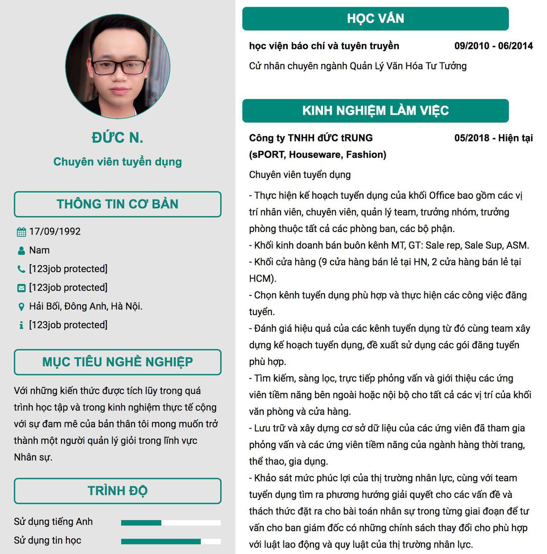 Gợi ý cách viết Mẫu CV tham khảo Chuyên viên tuyển dụng 