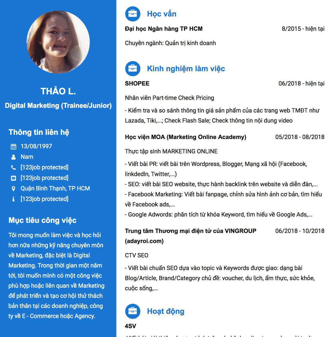 Gợi ý cách viết Mẫu CV tham khảo Digital Marketing (Trainee/Junior) 