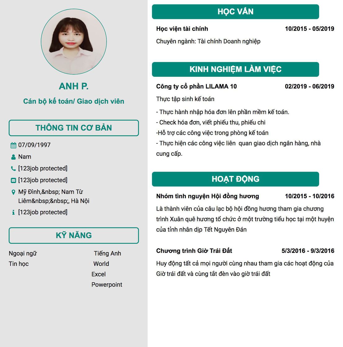 Gợi ý cách viết Mẫu CV tham khảo Cán bộ kế toán/ Giao dịch viên 