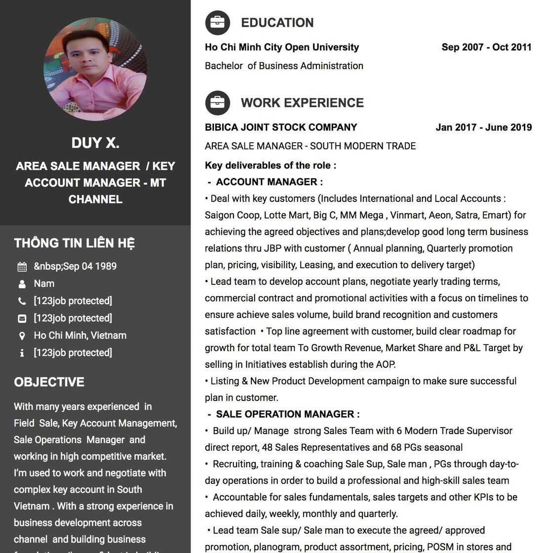 Gợi ý cách viết Mẫu CV tham khảo AREA SALE MANAGER&nbsp; / KEY ACCOUNT MANAGER - MT CHANNEL 