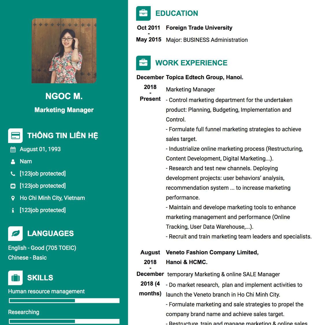 Gợi ý cách viết Mẫu CV tham khảo Marketing Manager 