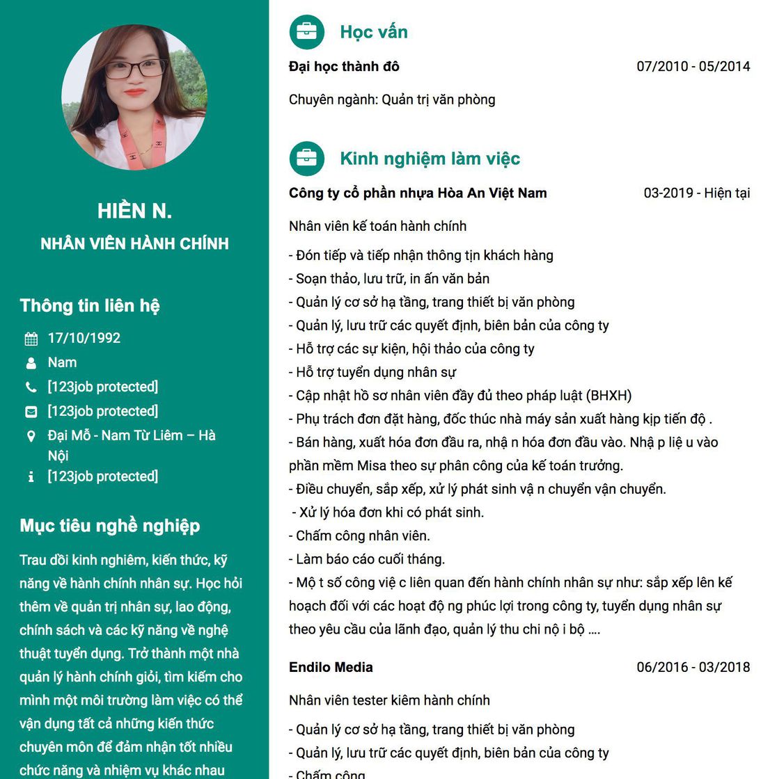 Gợi ý cách viết Mẫu CV tham khảo NHÂN VIÊN HÀNH CHÍNH 