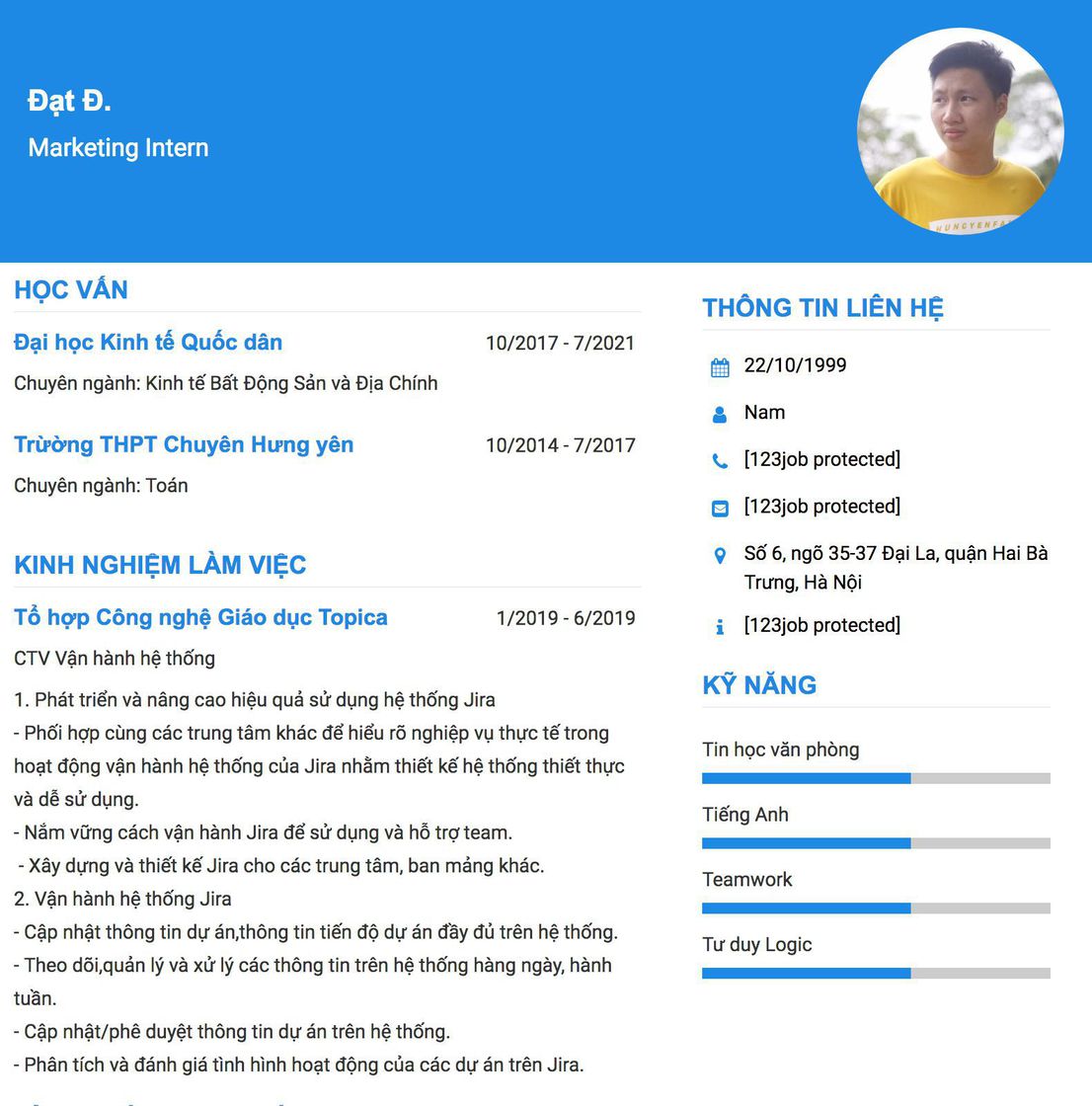 Gợi ý cách viết Mẫu CV tham khảo Marketing Intern 