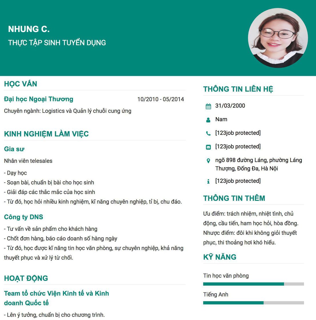 Gợi ý cách viết Mẫu CV tham khảo THỰC TẬP SINH TUYỂN DỤNG 