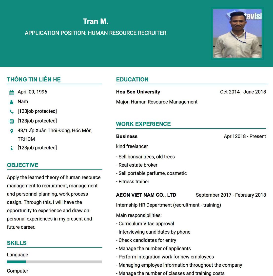 Gợi ý cách viết Mẫu CV tham khảo Application position: human resource recruiter 