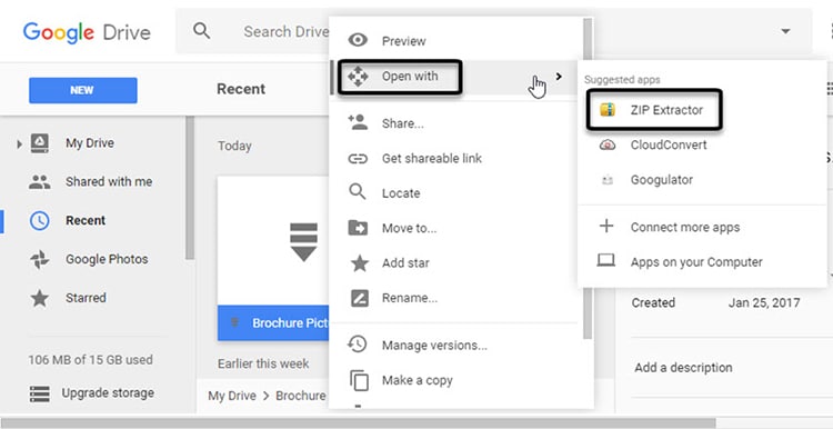 Giải nén file trên google drive