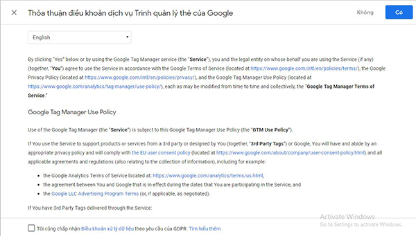 Đồng ý điều khoản dịch vụ để tiếp tục tạo GTM