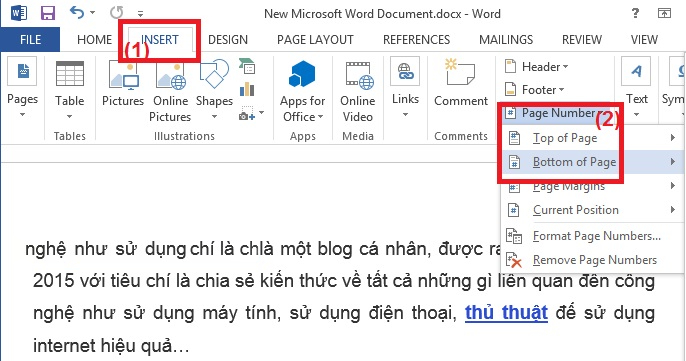 Đánh số trang từ trang bất kỳ trong Word 2013