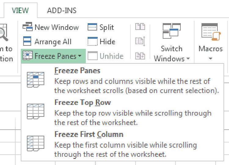 Giao diện công cụ freeze panes