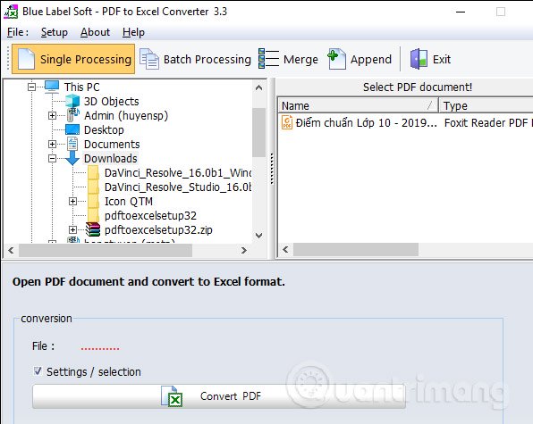 Giao diện phần mềm PDF to ExcelConvert