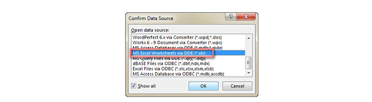 chọn MS Excel Worksheets via DDE (*.xls) và nhấn OK