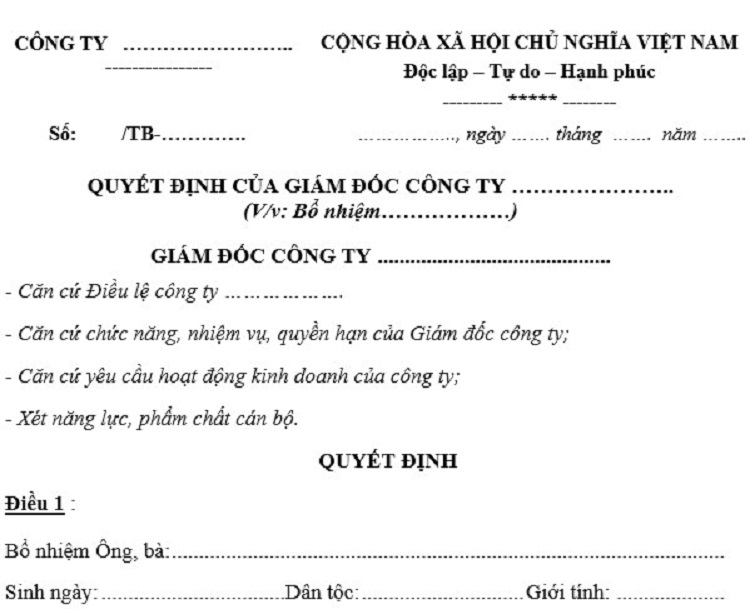 Mẫu Quyết định bổ nhiệm mới nhất dùng cho mọi chức vụ mới nhất