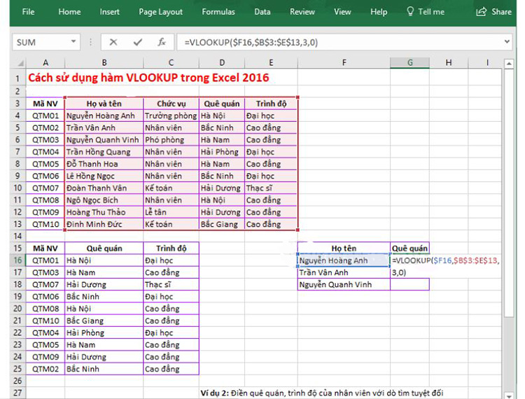 công thức dò tìm tuyệt đối sau vào ô G16