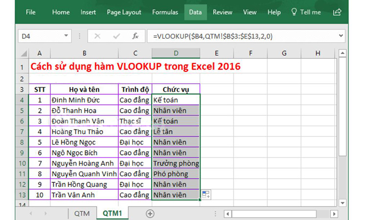 Sao chép công thức tương ứng cho các nhân viên còn lại