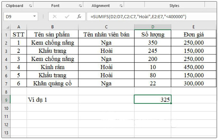 Kết quả ra tổng số lượng mặt hàng