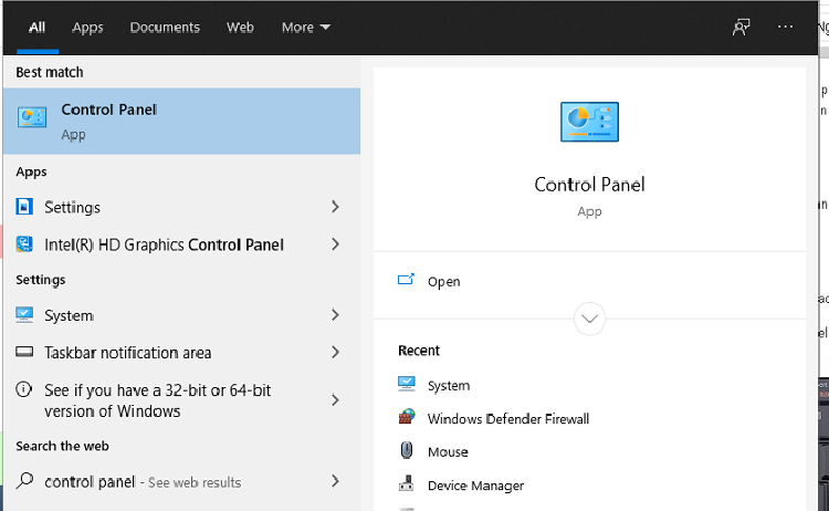 Tìm kiếm Control Panel