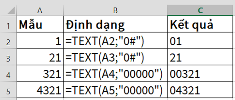 thêm số 0 vào trước giá trị trong hàm TEXT