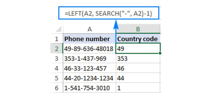 phân xuất bằng hàm Left mã quốc gia từ cột số điện thoại