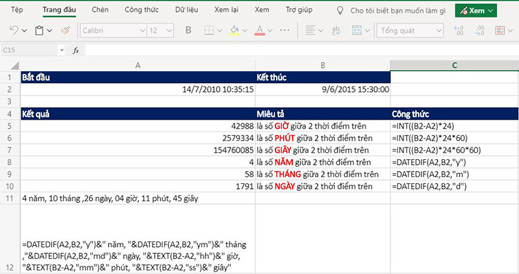 2 mốc thời hạn cần thiết đo lường và tính toán là 7/14/2010 10:35:15 và 6/9/2015 15:30:00