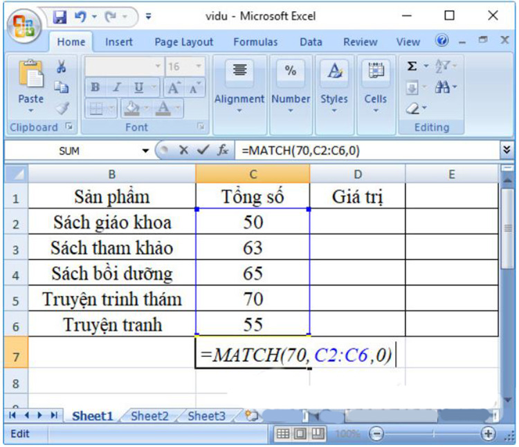 công thức của hàm Match