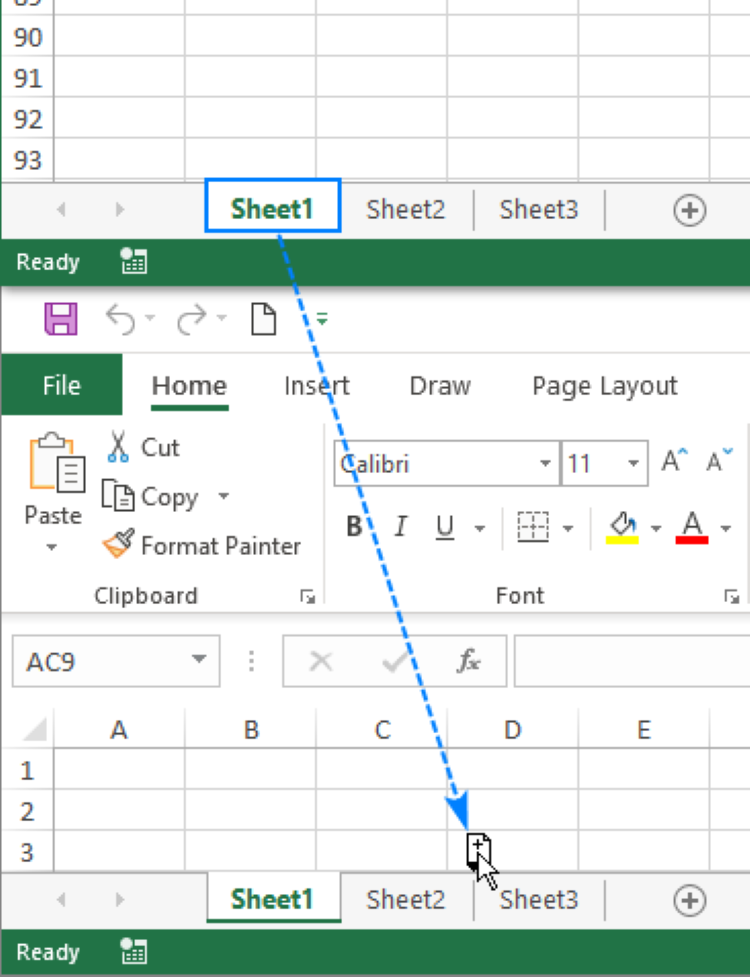 Bạn có thể thực hiện cách kéo thả để di chuyển sheet 