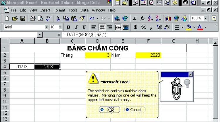 Cách sử dụng phím tắt Merge Cell cho bản từ 2003 trở lên