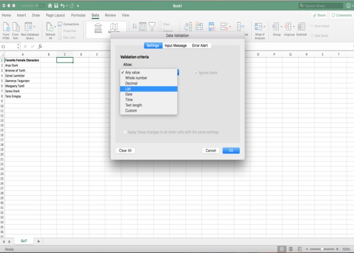 Cách tạo danh sách thả xuống trong Excel bằng dữ liệu hiện có