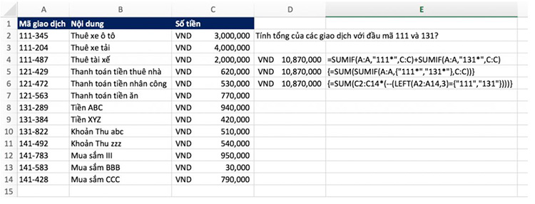 Tính tổng nhiều điều kiện ở cùng 1 cột bằng hàm SUM và hàm SUMIF