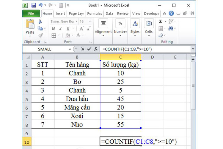 Tìm số mặt hàng có số lượng bán >= 10 kg