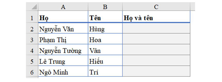 Ví dụ 1: Dùng hàm nối chuỗi để nối giá trị trong 2 cột họ và tên riêng lẻ thành 1 cột duy nhất