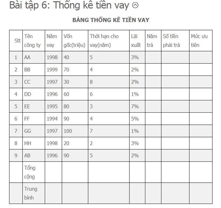 Bài tập excel nâng cao 6