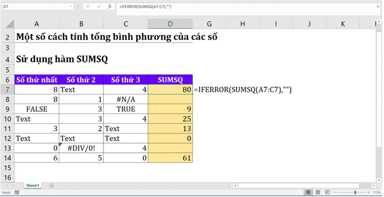 Sử dụng hàm SUMSQ