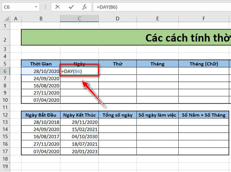 Tính thứ, ngày, tháng, năm trong Excel