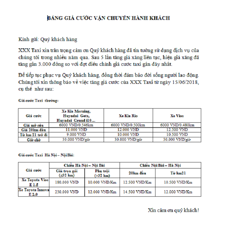 Bảng giá vận tải