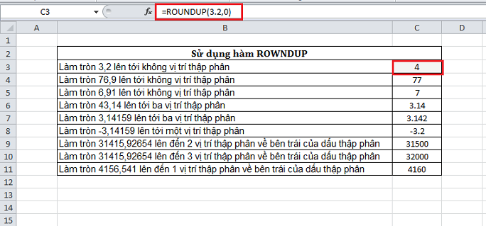 Làm tròn lên trong Excel bằng Hàm ROUNDUP