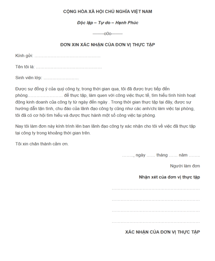 giấy xác nhận thực tập